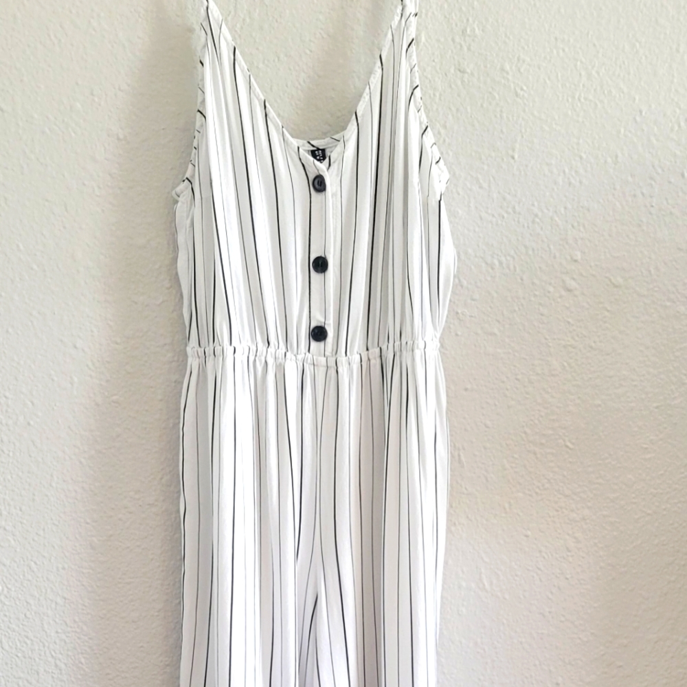 H&M, spaghetti-string, lightweight, white/navy pin-stripped, jumpsuit, size 8